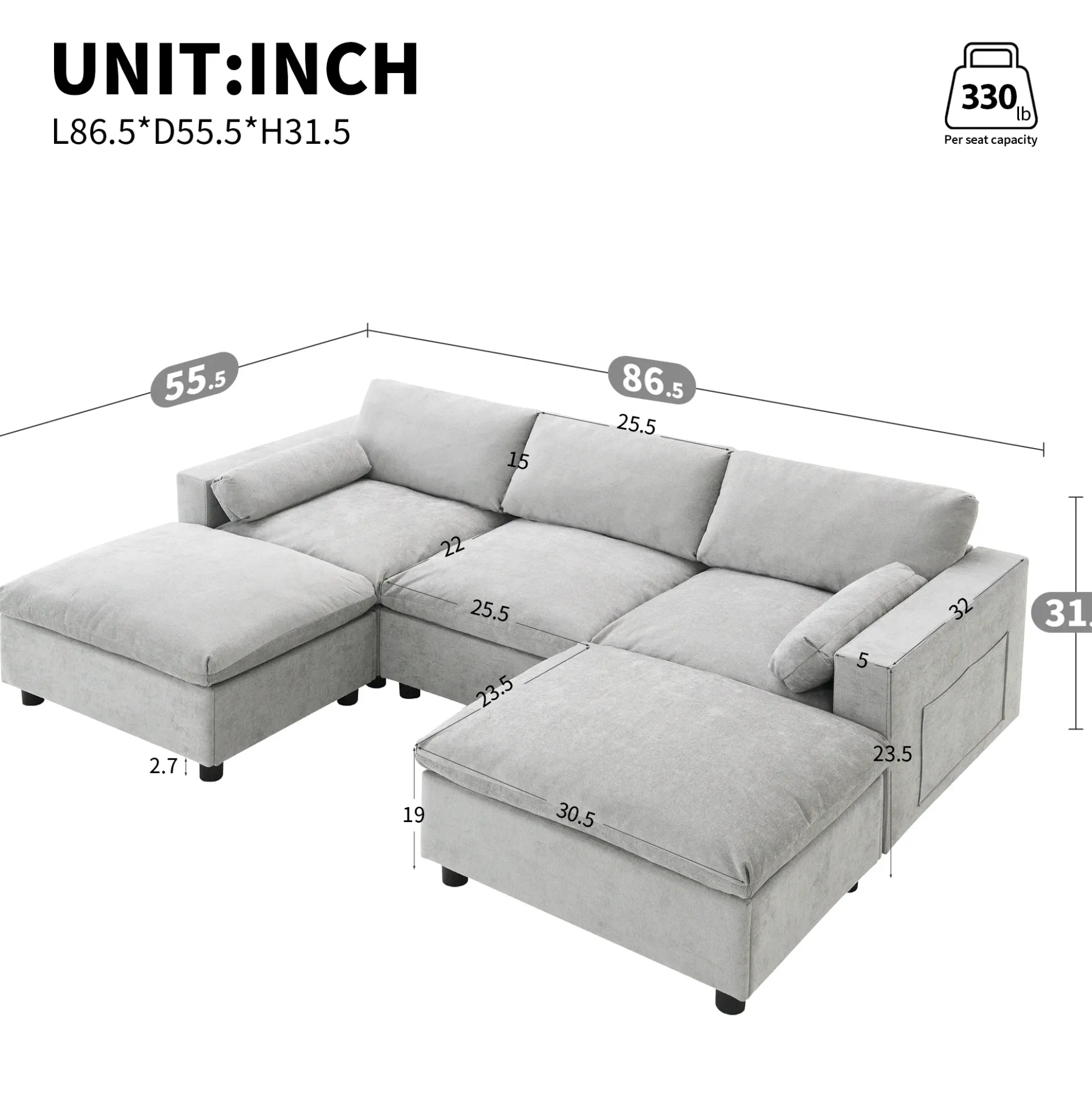 Modern Cloud Modular Sectional Sofa with Storage, Pillows and 2 Movable Ottomans