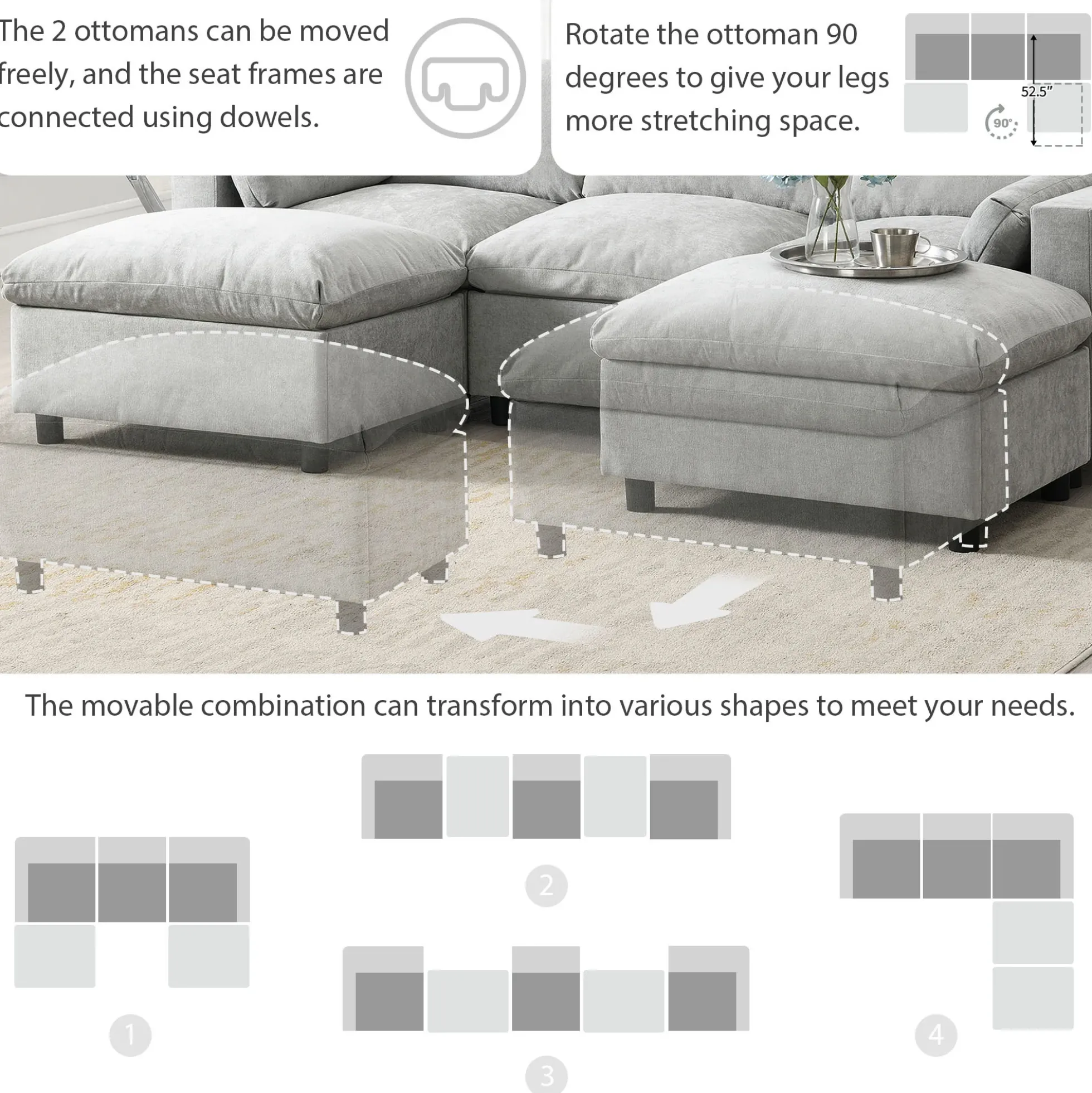 Modern Cloud Modular Sectional Sofa with Storage, Pillows and 2 Movable Ottomans