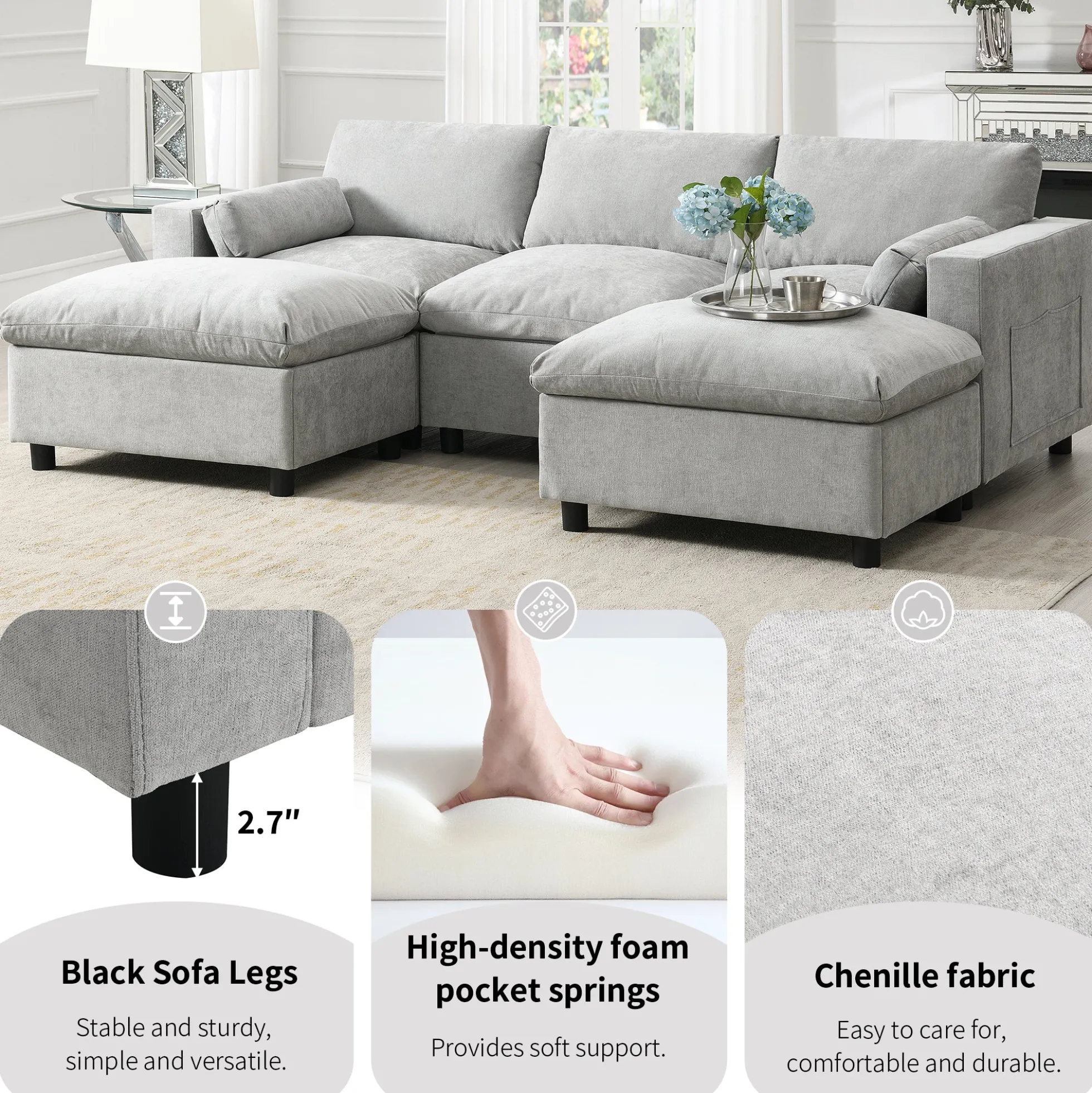 Modern Cloud Modular Sectional Sofa with Storage, Pillows and 2 Movable Ottomans