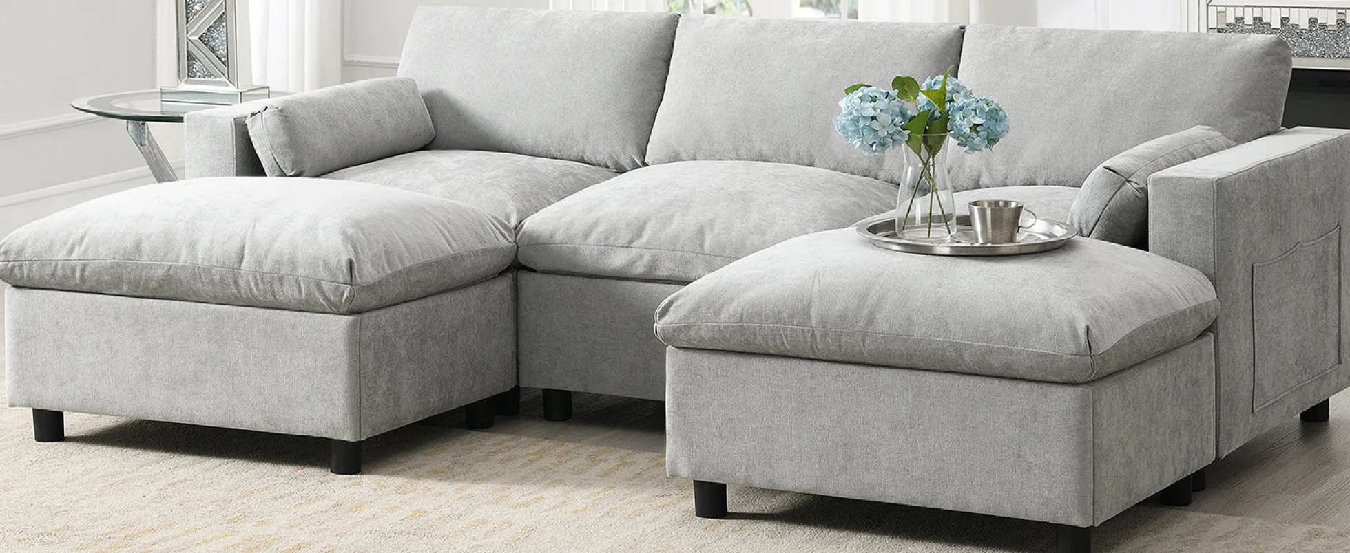 Modern Cloud Modular Sectional Sofa with Storage, Pillows and 2 Movable Ottomans