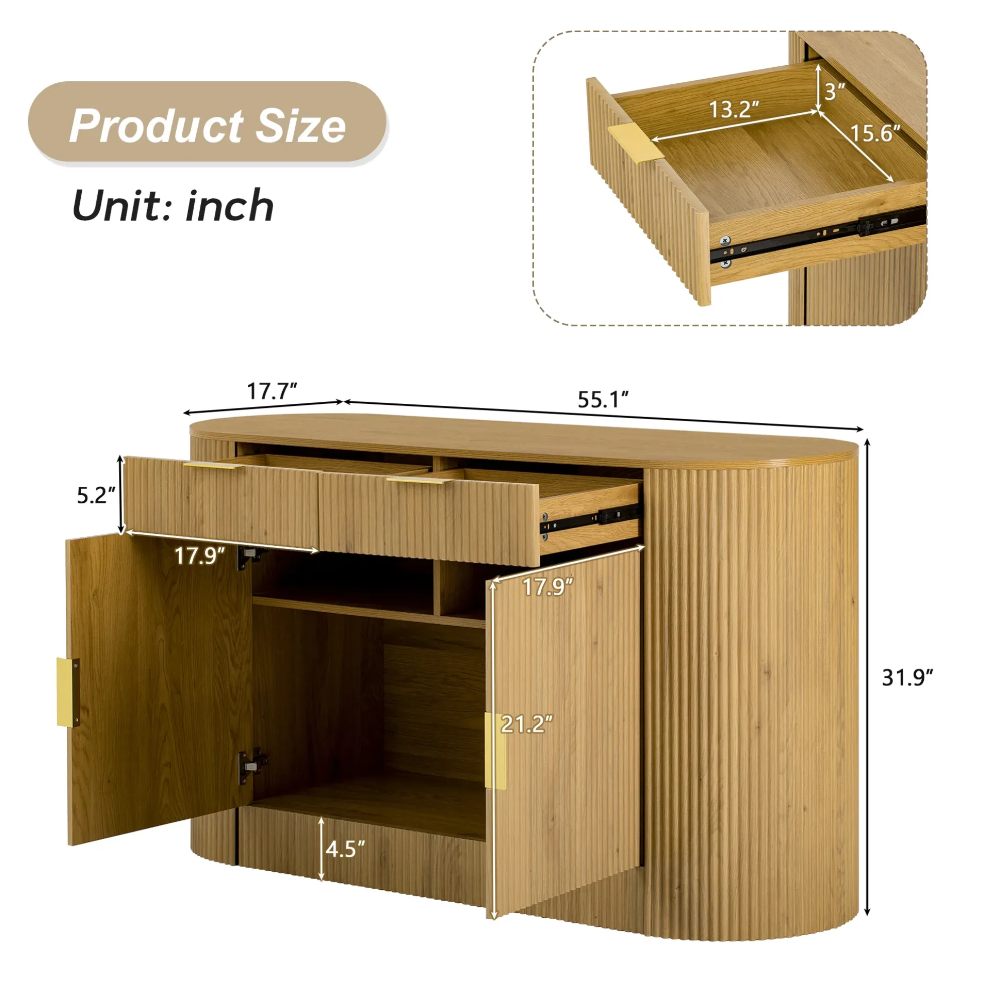 Modern Curve Design Fluted Storage Accent Cabinet / Sideboard