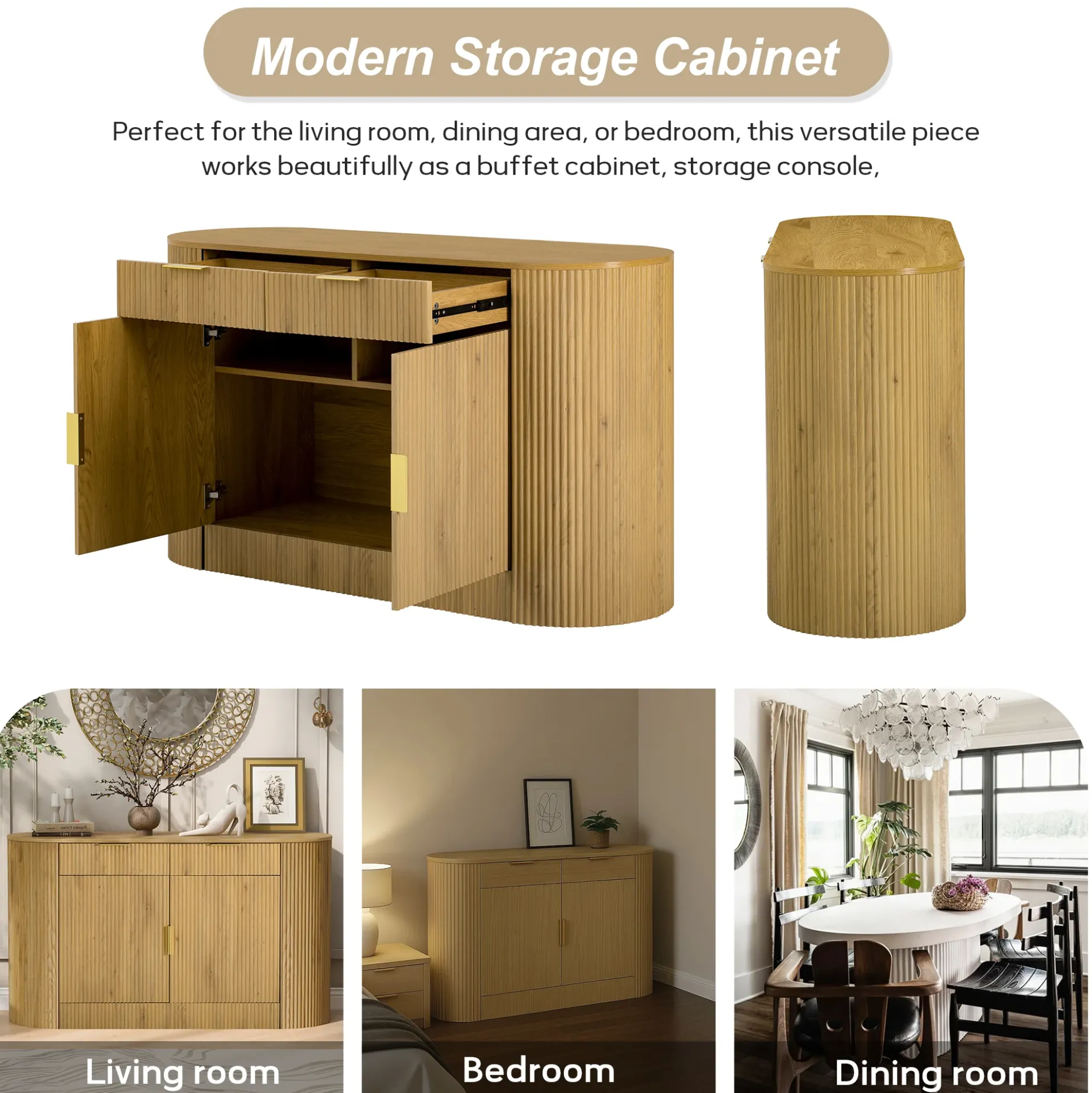 Modern Curve Design Fluted Storage Accent Cabinet / Sideboard