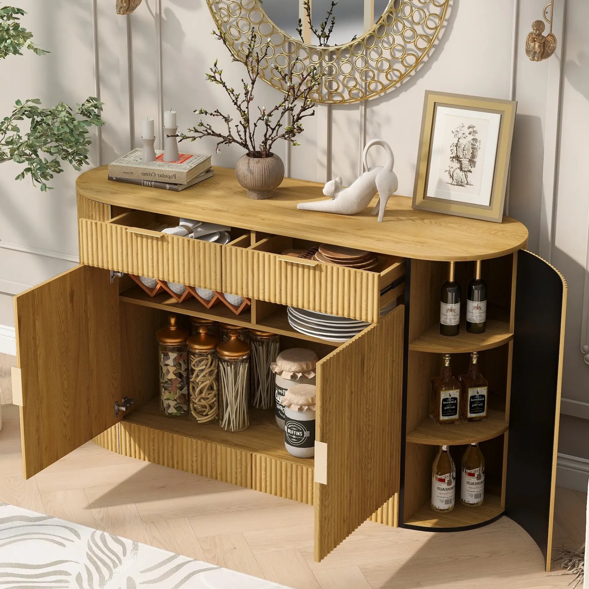 Modern Curve Design Fluted Storage Accent Cabinet / Sideboard
