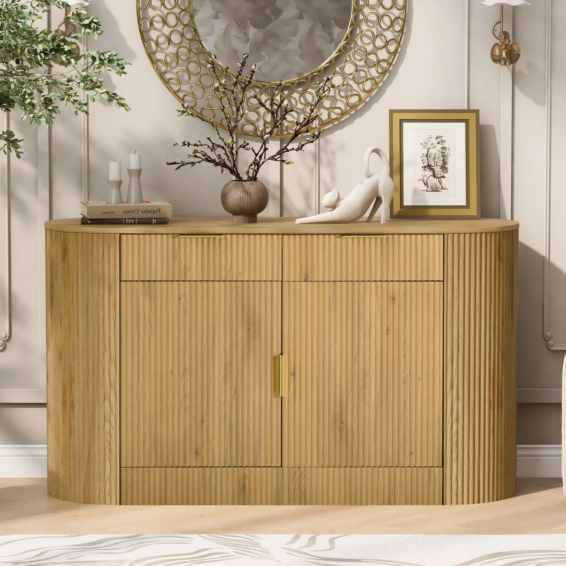 Modern Curve Design Fluted Storage Accent Cabinet / Sideboard