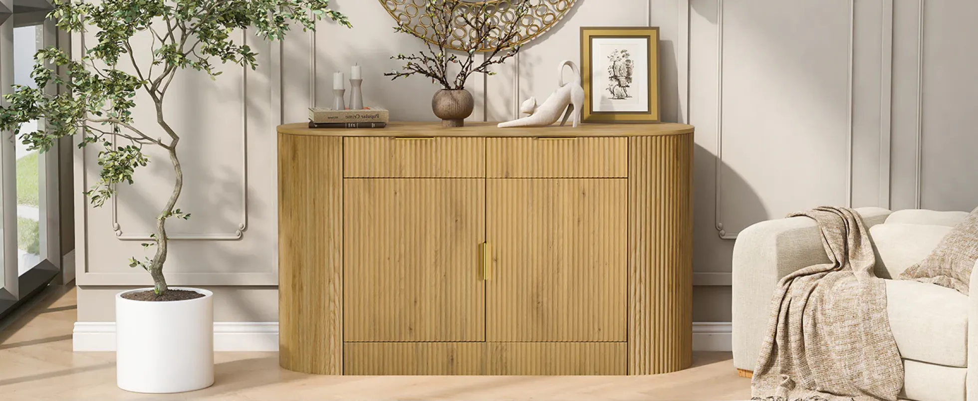 Modern Curve Design Fluted Storage Accent Cabinet / Sideboard
