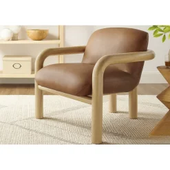 Modern Curve Wood Frame Faux Leather Accent Chair