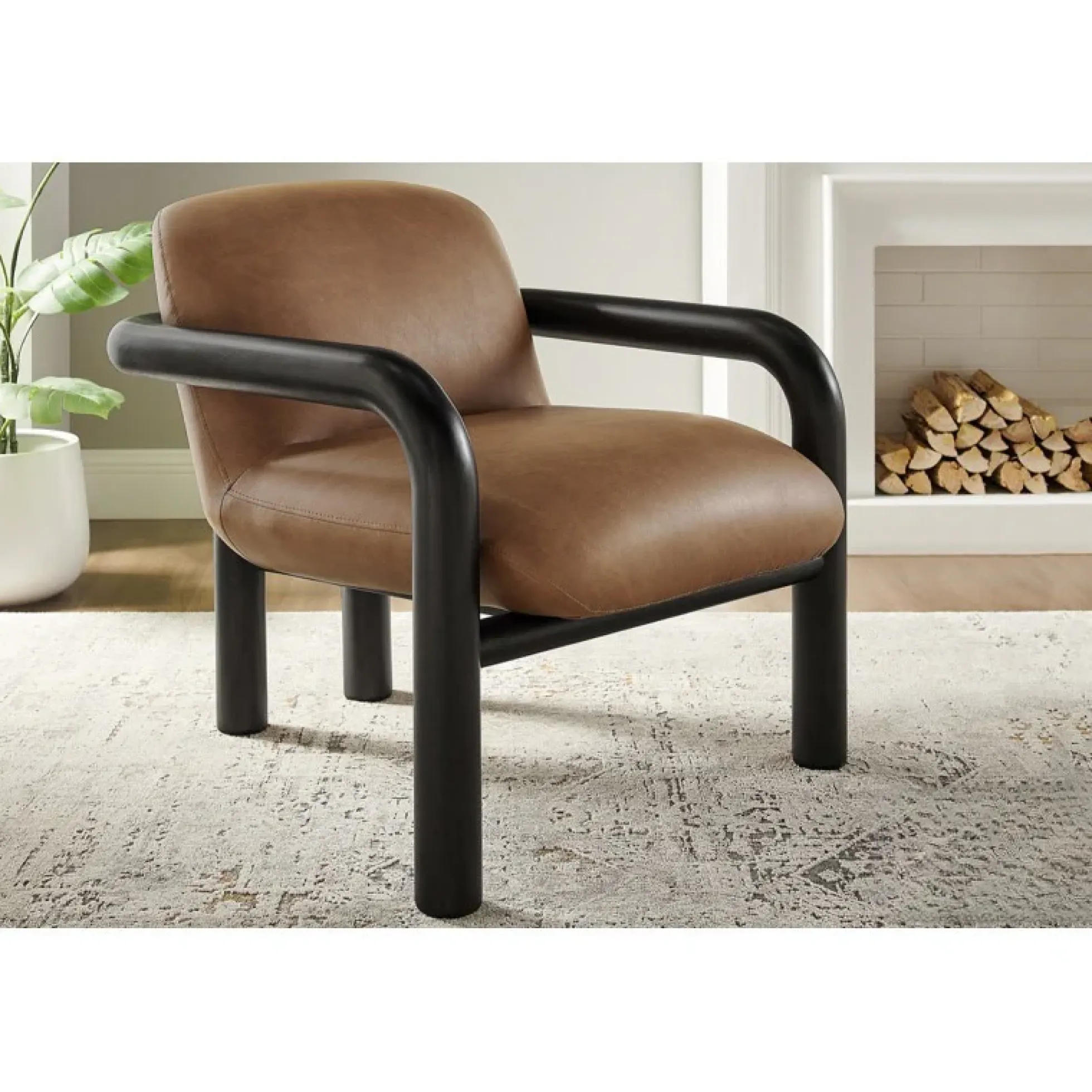 Modern Curve Wood Frame Faux Leather Accent Chair