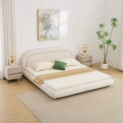 Modern Curved Upholstered Low Profile Platform King Size Bed