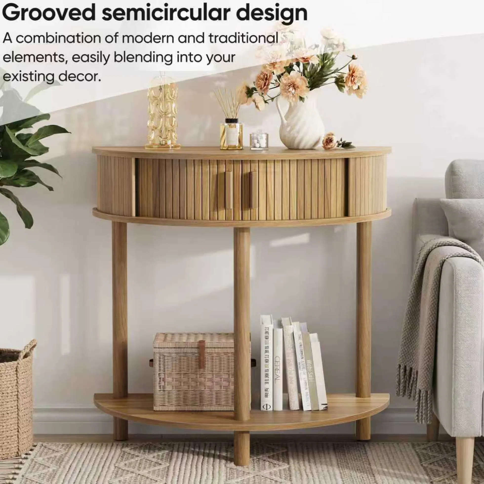 Modern Fluted Half-Moon Console Entryway Table