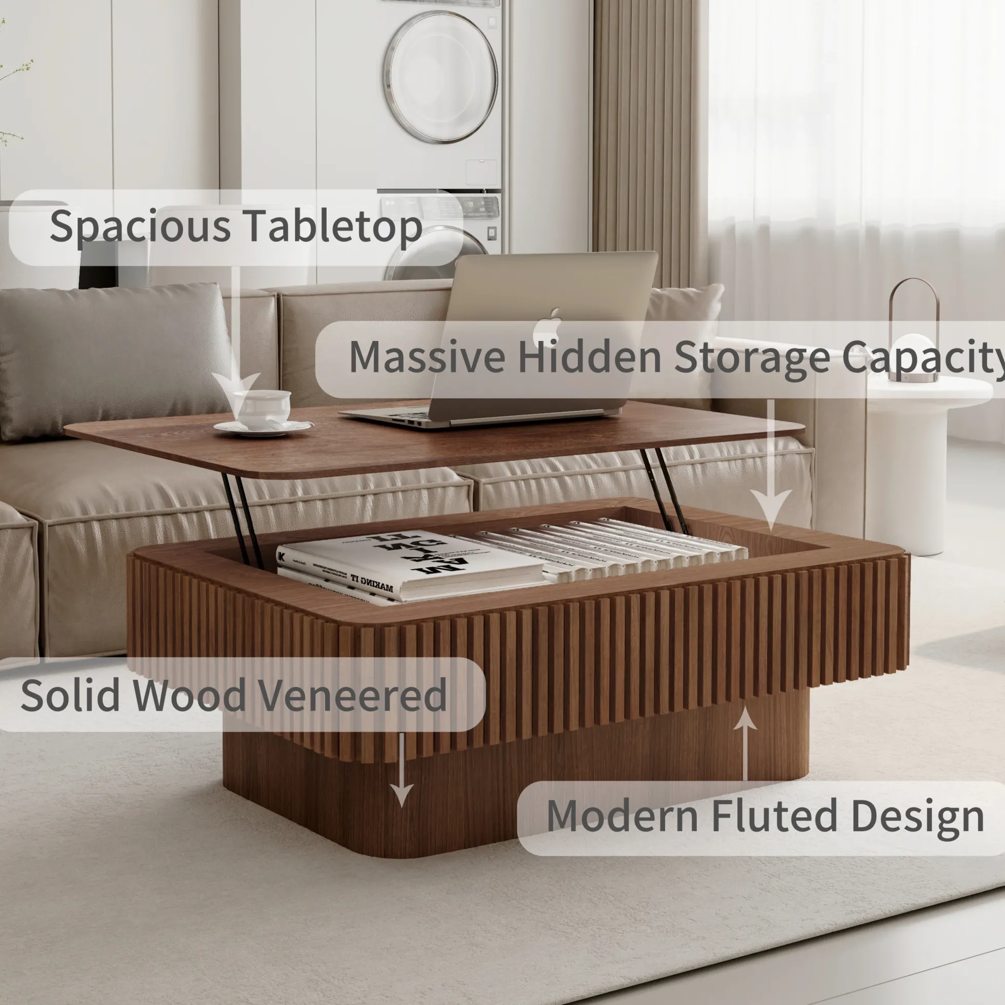 Modern Fluted Lift-top 38.6' Coffee Table