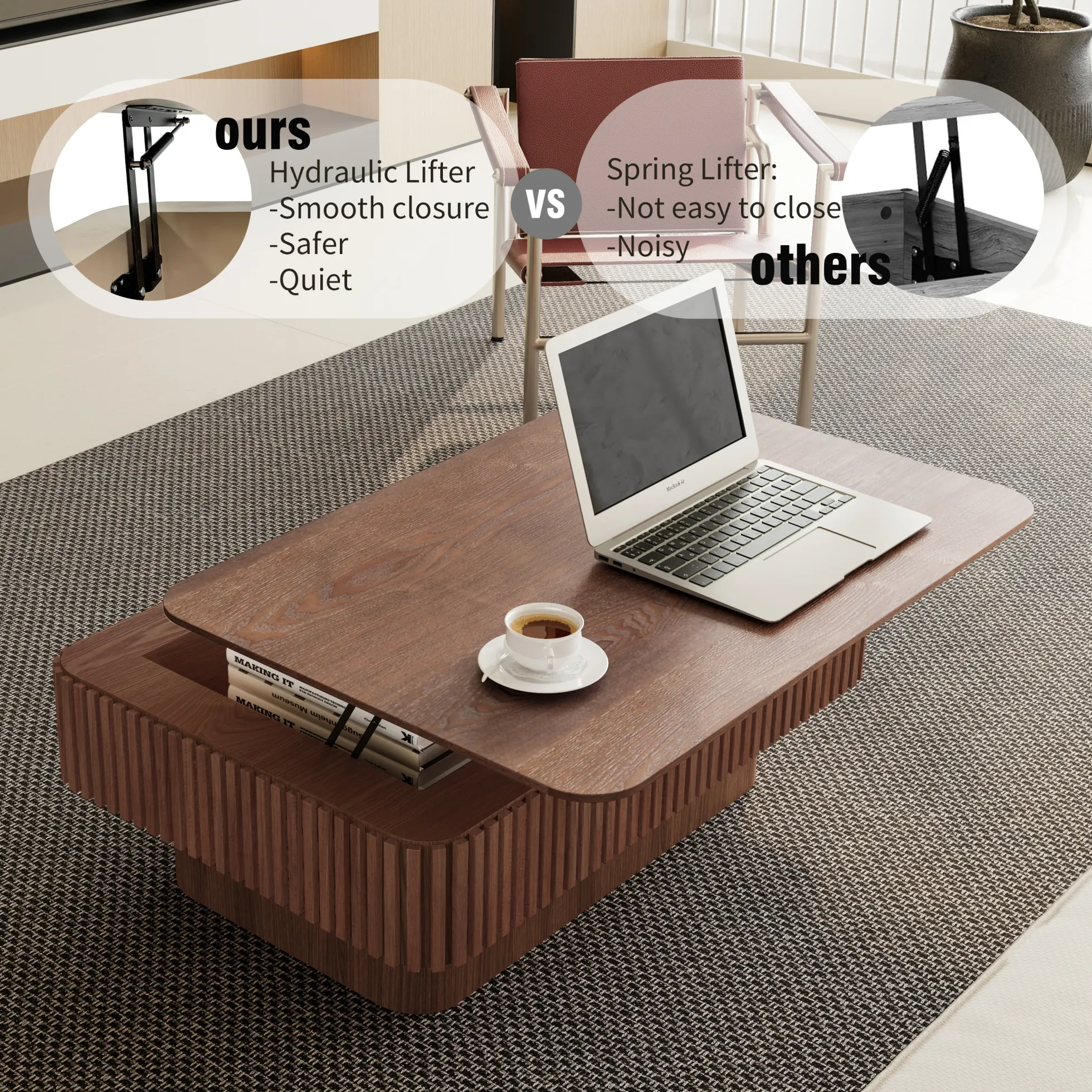 Modern Fluted Lift-top 38.6' Coffee Table