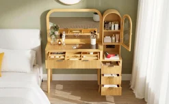Modern Fluted Makeup Vanity Desk with Storage & Charging Station