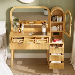 Modern Fluted Makeup Vanity Desk with Storage & Charging Station