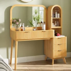 Modern Fluted Makeup Vanity Desk with Storage & Charging Station