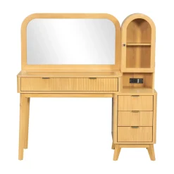 Modern Fluted Makeup Vanity Desk with Storage & Charging Station