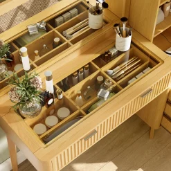 Modern Fluted Makeup Vanity Desk with Storage & Charging Station