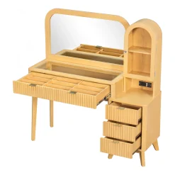 Modern Fluted Makeup Vanity Desk with Storage & Charging Station