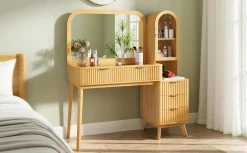 Modern Fluted Makeup Vanity Desk with Storage & Charging Station