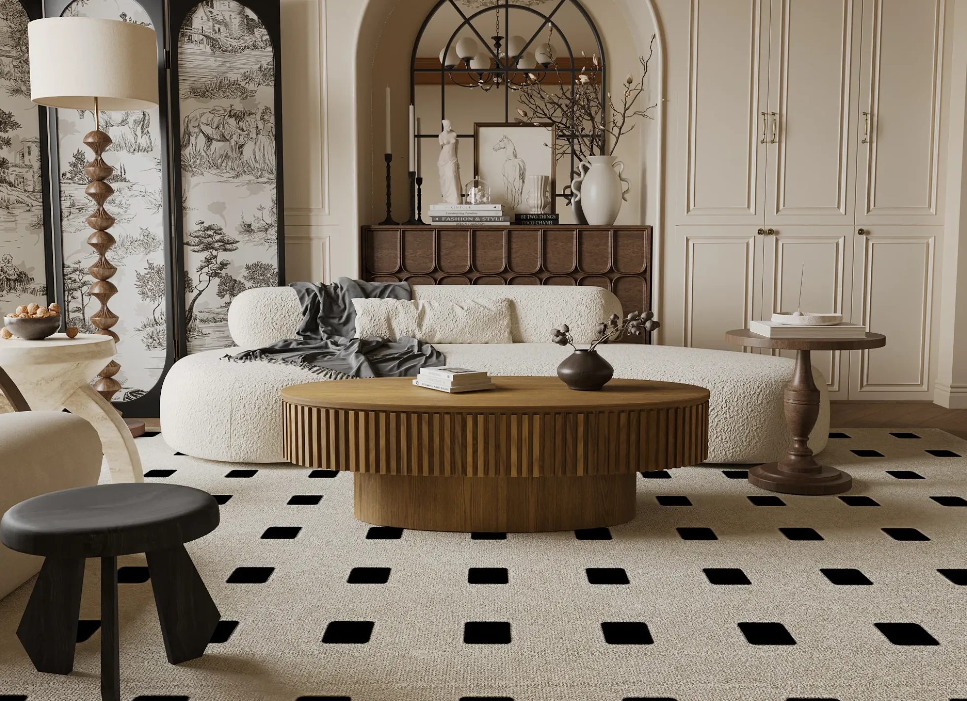 Modern Fluted Oval Solid Wood Veneered Coffee Table with Storage