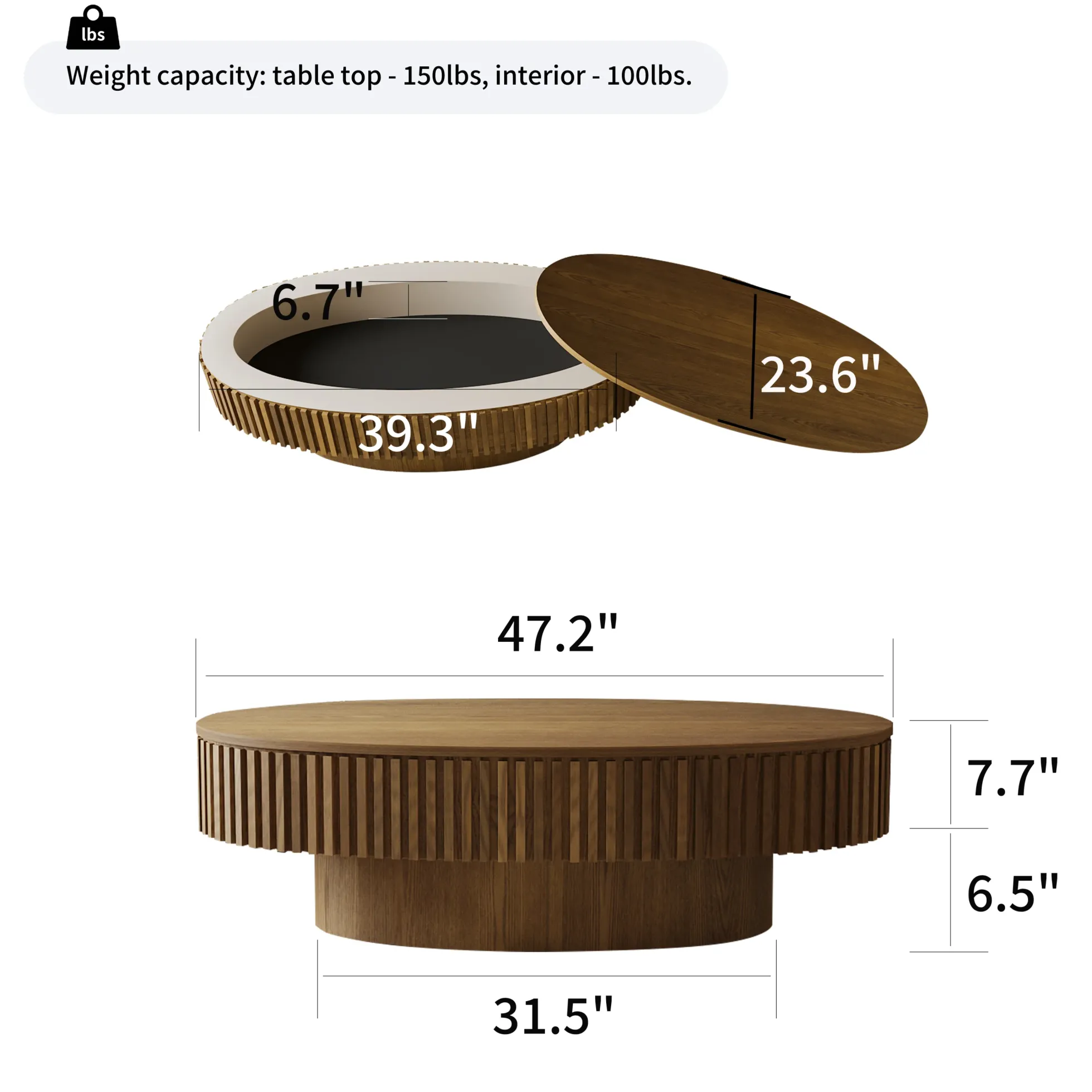 Modern Fluted Oval Solid Wood Veneered Coffee Table with Storage