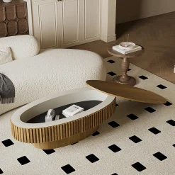 Modern Fluted Oval Solid Wood Veneered Coffee Table with Storage