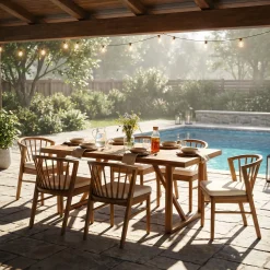 Modern Outdoor 7 Piece Acacia Wood Teak Dining Set with Cushions