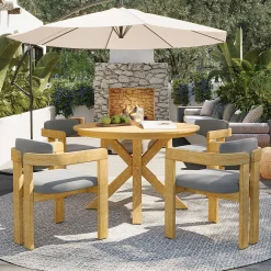 Modern Outdoor 5-Piece Teak Wood Round Dining Table & Chair Set with Gray Cushions