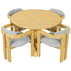 Modern Outdoor 5-Piece Teak Wood Round Dining Table & Chair Set with Gray Cushions