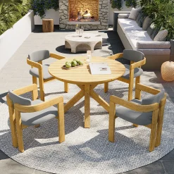 Modern Outdoor 5-Piece Teak Wood Round Dining Table & Chair Set with Gray Cushions