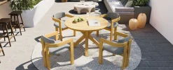 Modern Outdoor 5-Piece Teak Wood Round Dining Table & Chair Set with Gray Cushions