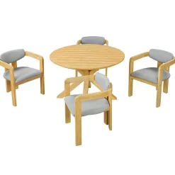 Modern Outdoor 5-Piece Teak Wood Round Dining Table & Chair Set with Gray Cushions