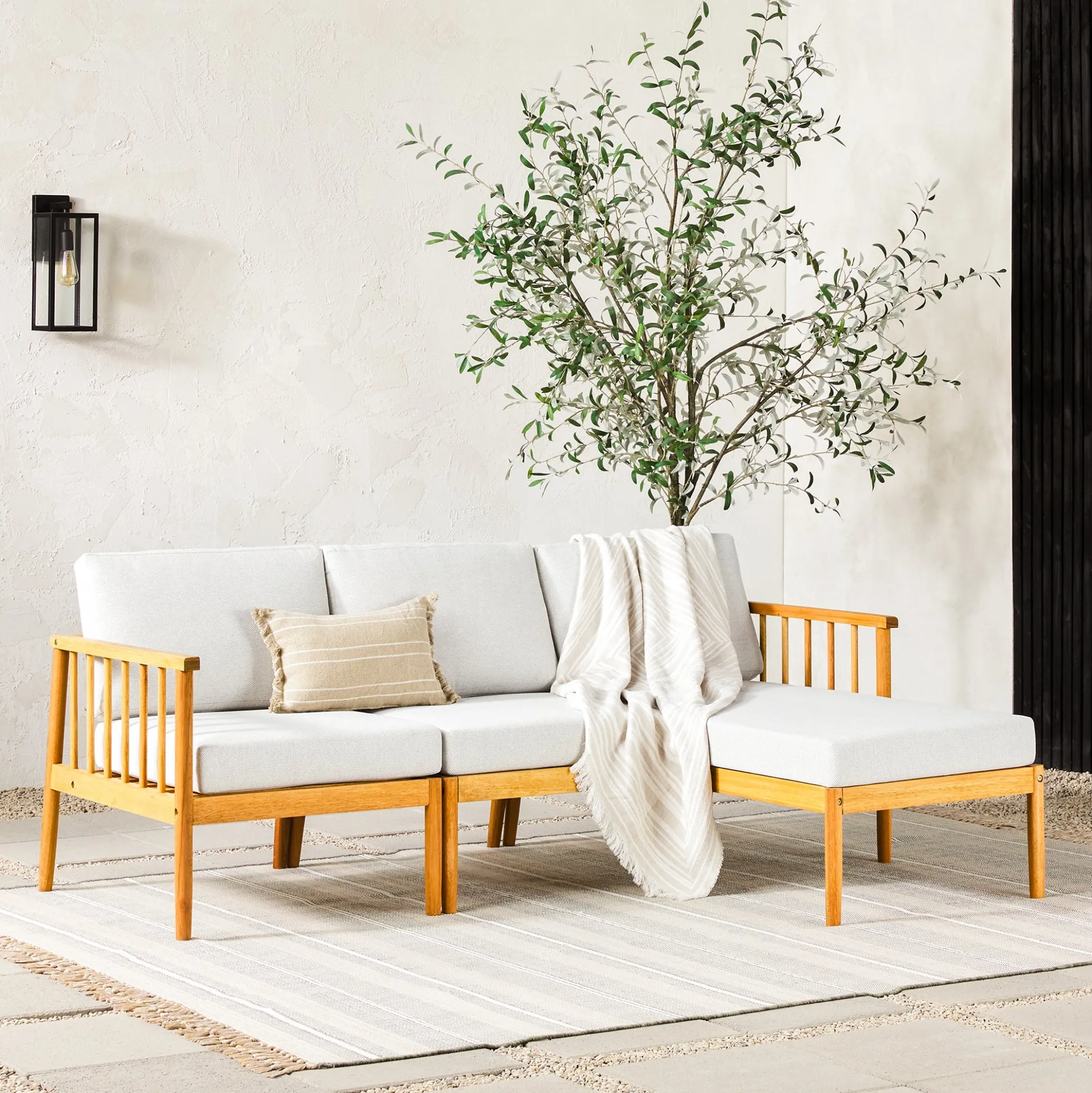 Modern 3-Piece Spindle Solid Wood Outdoor L-Shaped Sectional Set