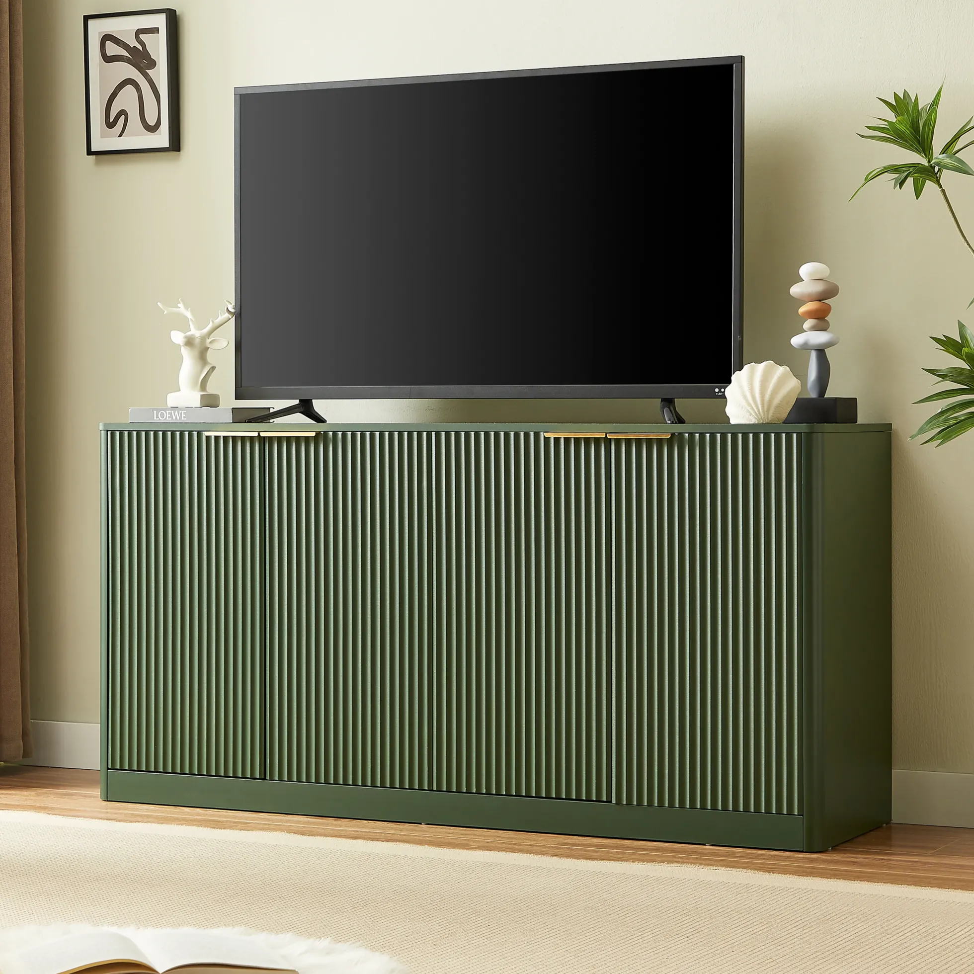 Modern Reeded Curved Design Storage 59" TV Stand Sideboard