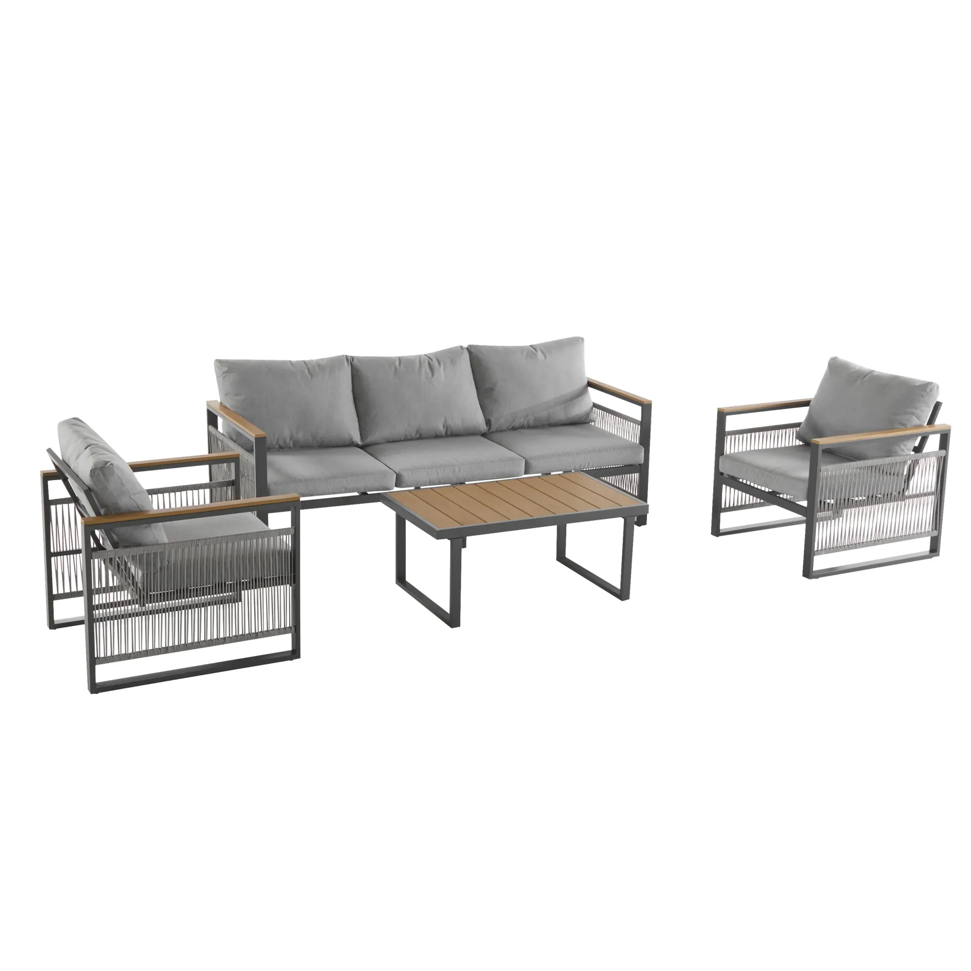 Modern Rope Design Outdoor Patio Sofa Set with Cushion & Table