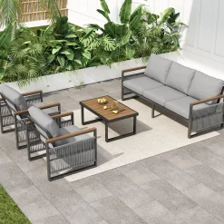 Modern Rope Design Outdoor Patio Sofa Set with Cushion & Table