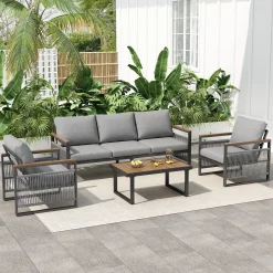 Modern Rope Design Outdoor Patio Sofa Set with Cushion & Table