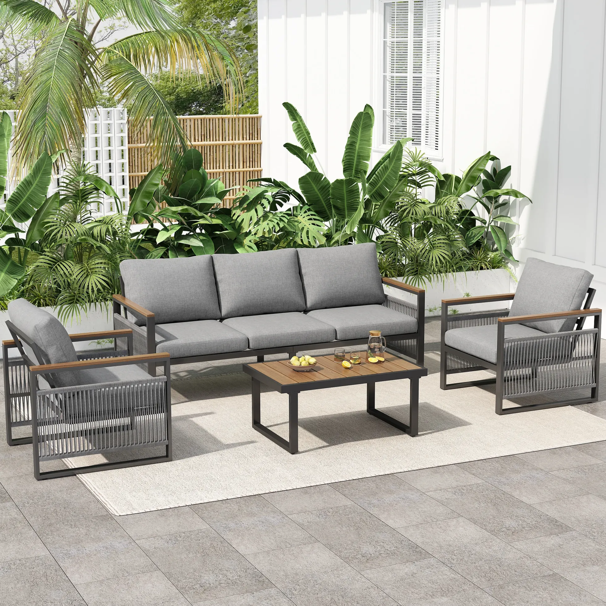 Modern Rope Design Outdoor Patio Sofa Set with Cushion & Table