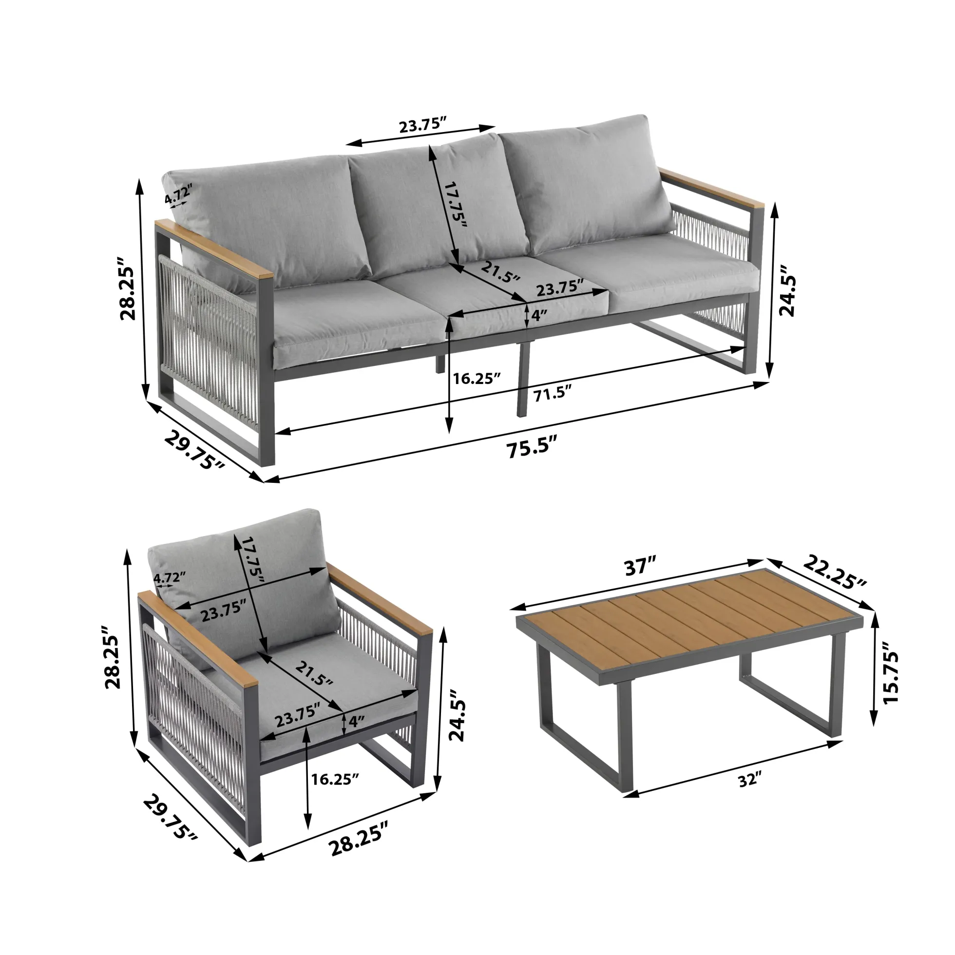 Modern Rope Design Outdoor Patio Sofa Set with Cushion & Table