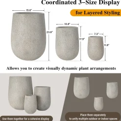 Modern Stone-Look Textured Round Shaped Lightweight Outdoor Planter Set of 3
