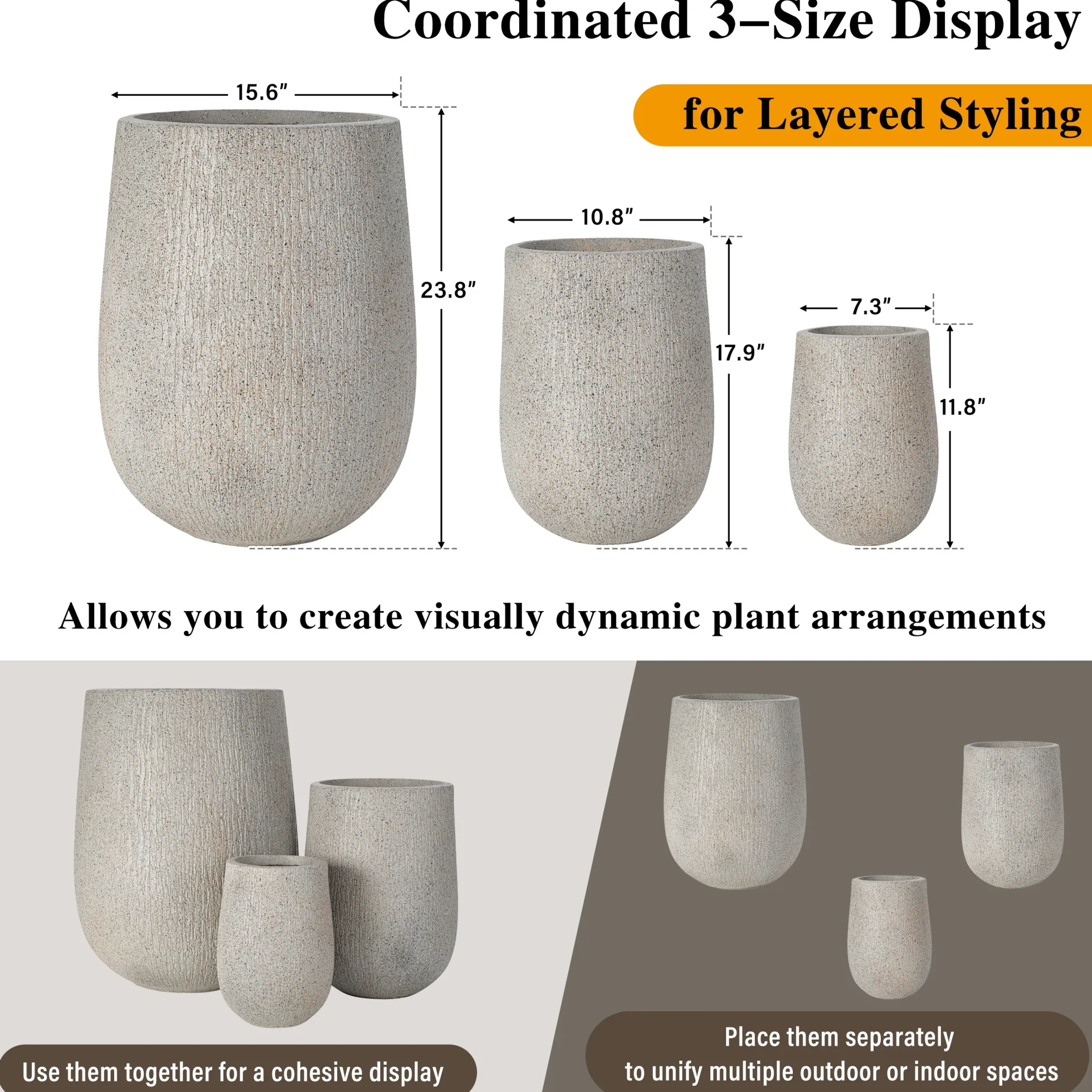 Modern Stone-Look Textured Round Shaped Lightweight Outdoor Planter Set of 3