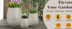 Modern Stone-Look Textured Round Shaped Lightweight Outdoor Planter Set of 3