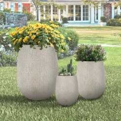 Modern Stone-Look Textured Round Shaped Lightweight Outdoor Planter Set of 3
