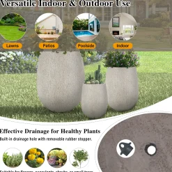 Modern Stone-Look Textured Round Shaped Lightweight Outdoor Planter Set of 3