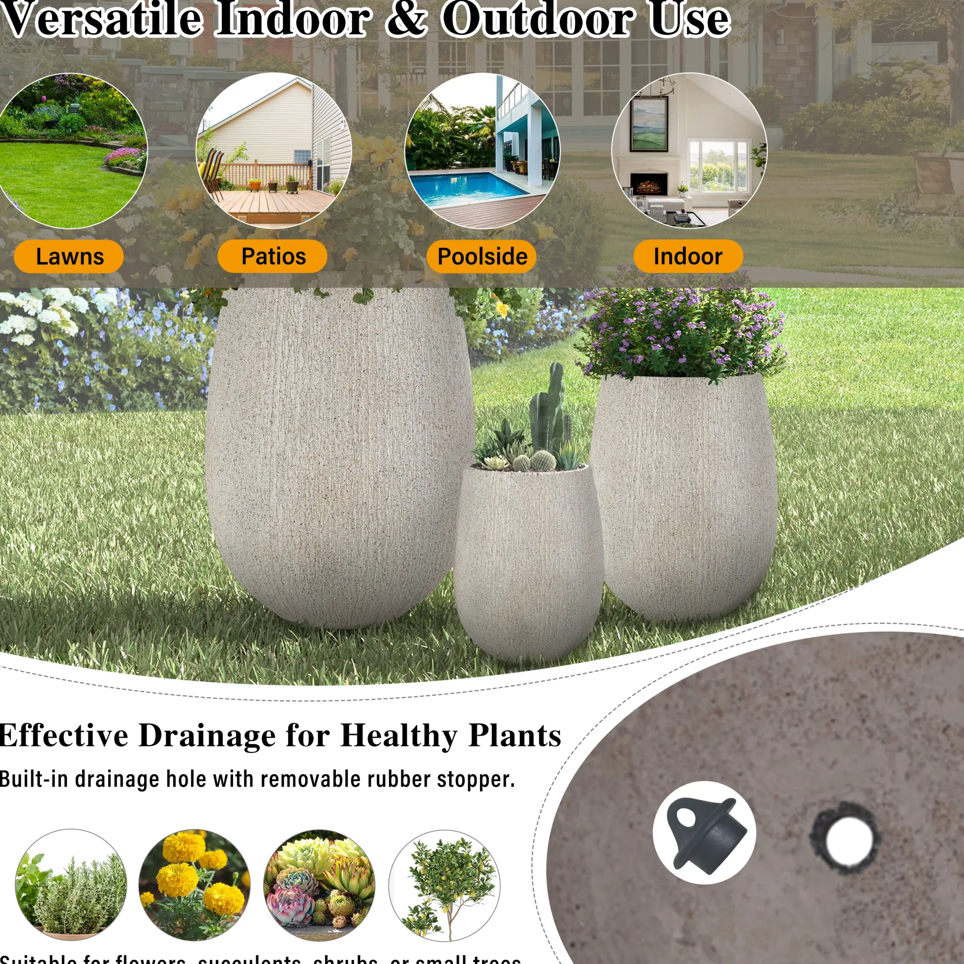 Modern Stone-Look Textured Round Shaped Lightweight Outdoor Planter Set of 3