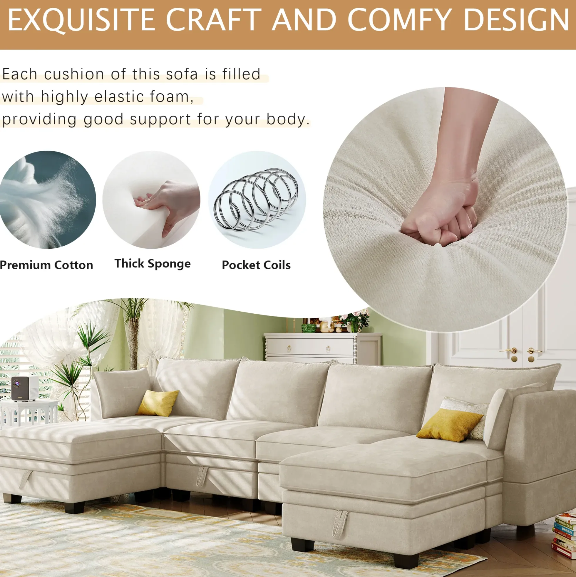 Modern Storage U-Shape Modular Sectional Convertible Sofa Bed with Ottoman