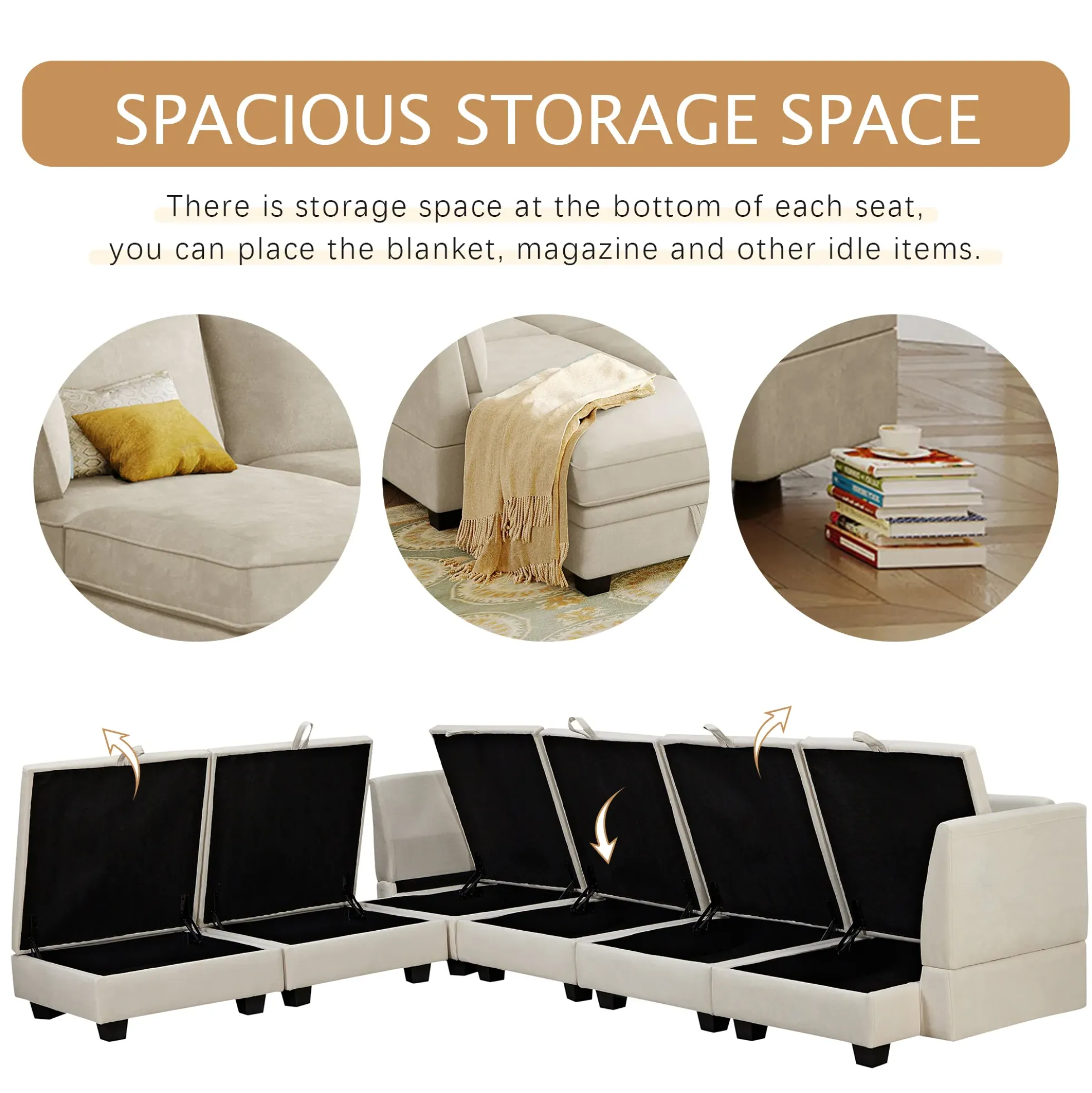 Modern Storage U-Shape Modular Sectional Convertible Sofa Bed with Ottoman