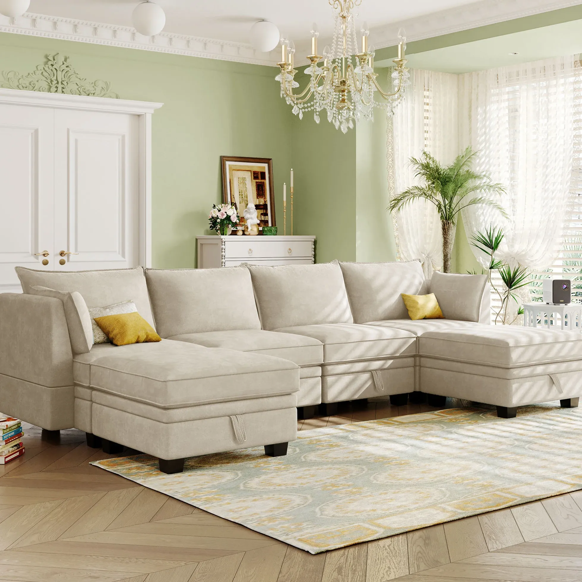 Modern Storage U-Shape Modular Sectional Convertible Sofa Bed with Ottoman