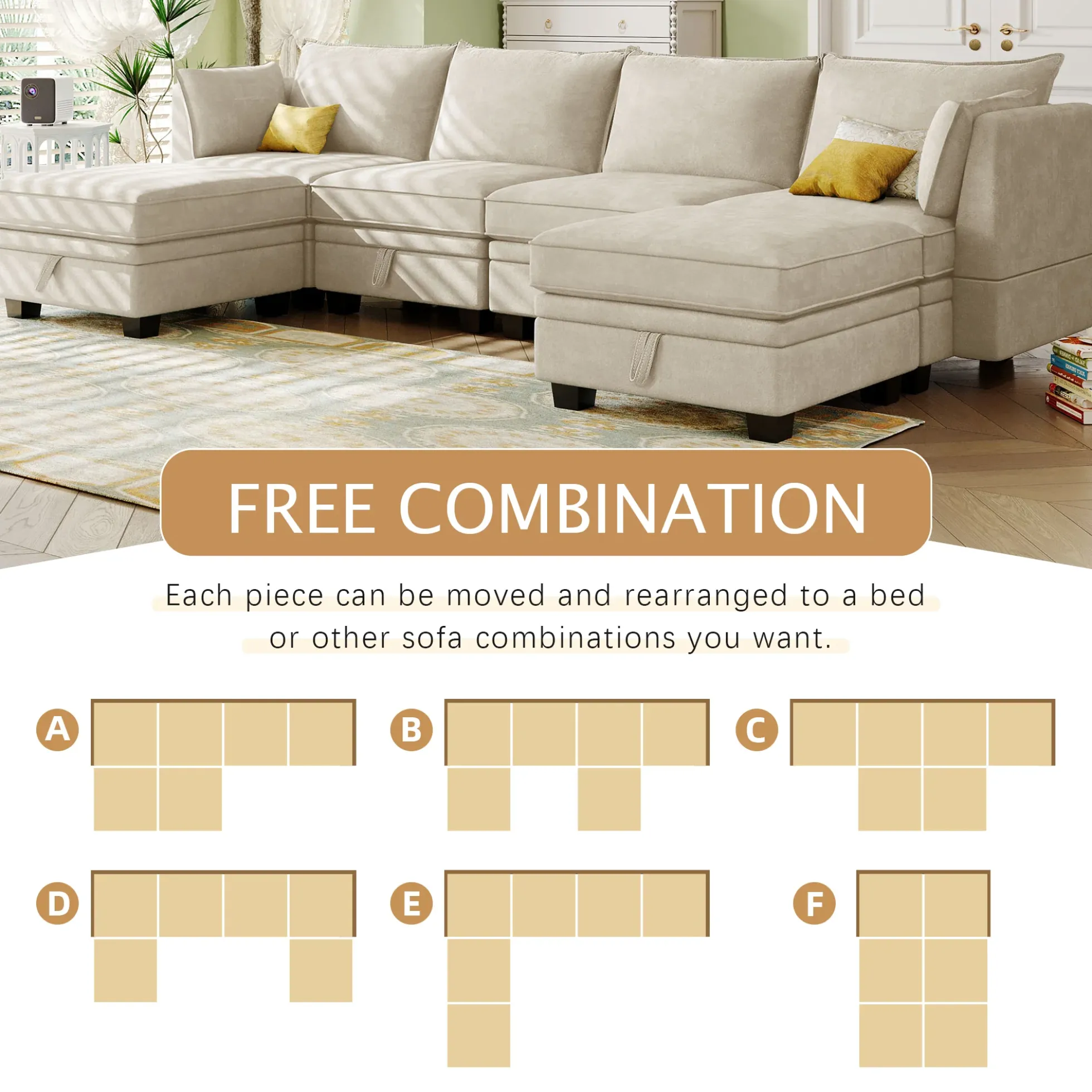 Modern Storage U-Shape Modular Sectional Convertible Sofa Bed with Ottoman