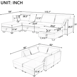 Modern Storage U-Shape Modular Sectional Convertible Sofa Bed with Ottoman