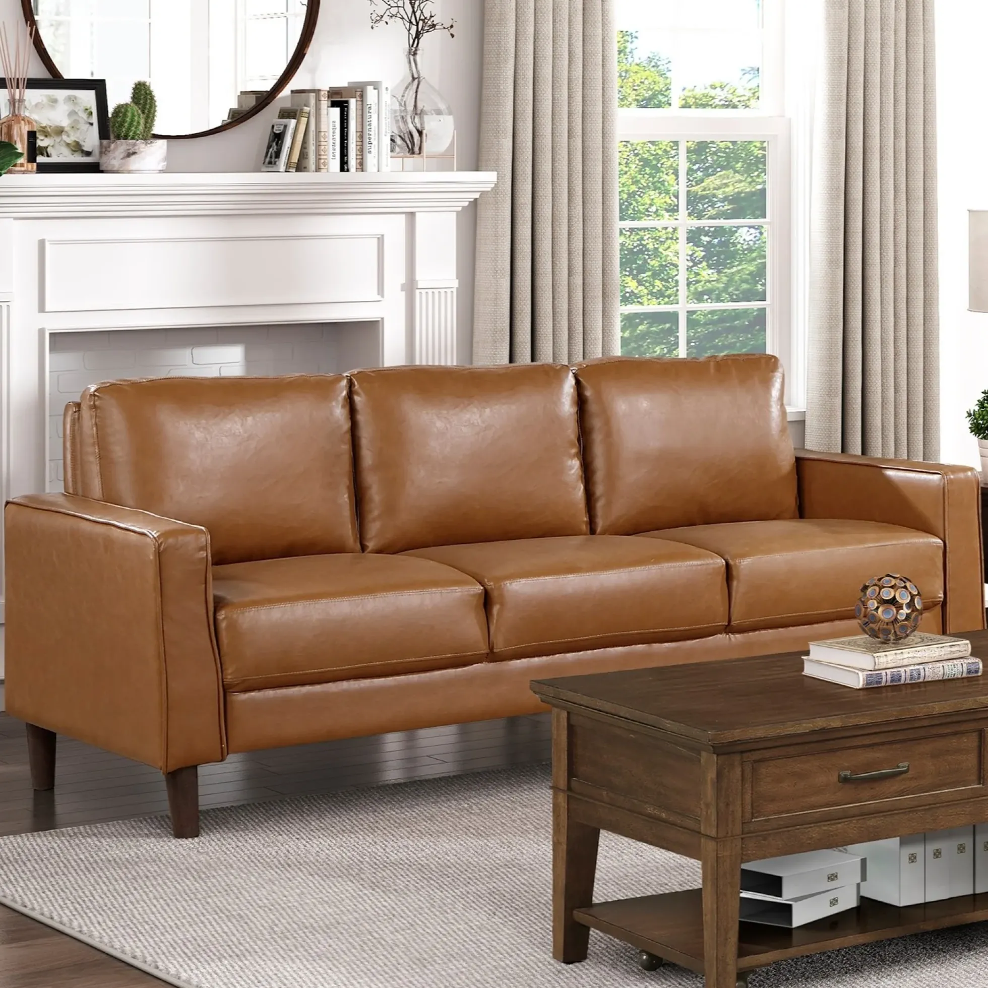 Modern Style Brown Faux Leather 3-Seater Sofa Couch